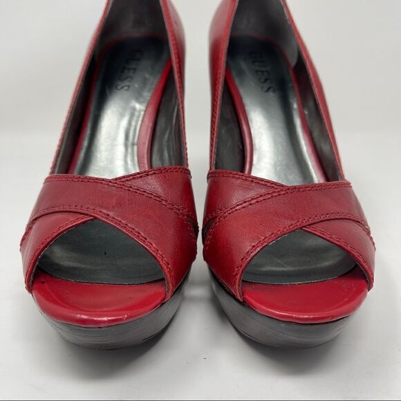 Guess Shoes GFBELVA Red Peep Toe Leather Pump Platform Women's 6.5M Stacked Heel - Picture 3 of 10